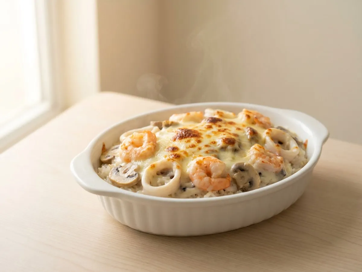 Baked seafood rice in white sauce