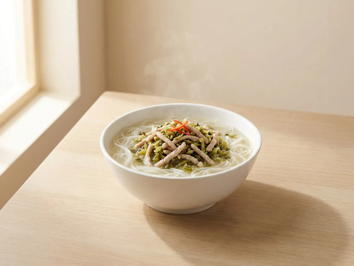 Shredded pork and snow-cabbage vermicelli soup
