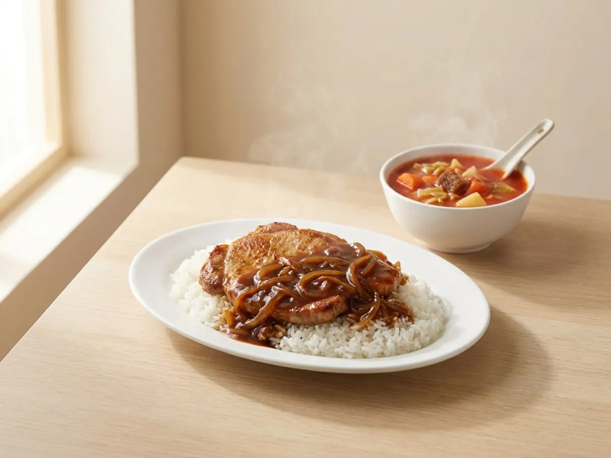 The rice plate and its soup