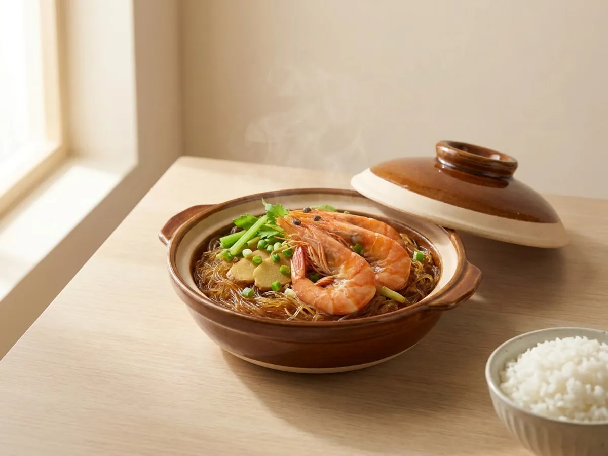 Prawn and vermicelli claypot
