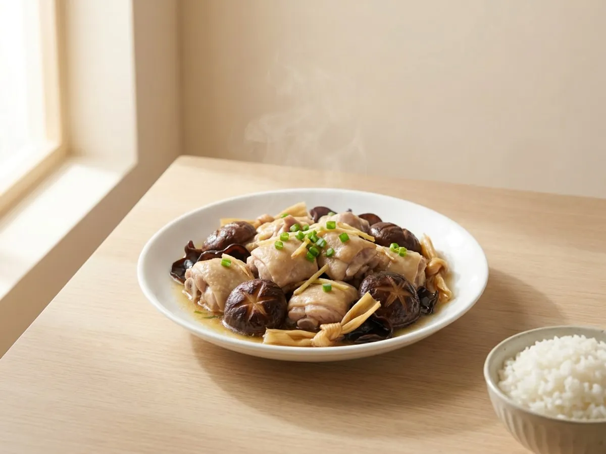 Steamed chicken with mushrooms