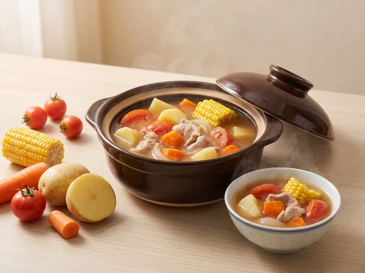 "ABC soup", tomato, potato, carrot and corn soup with pork