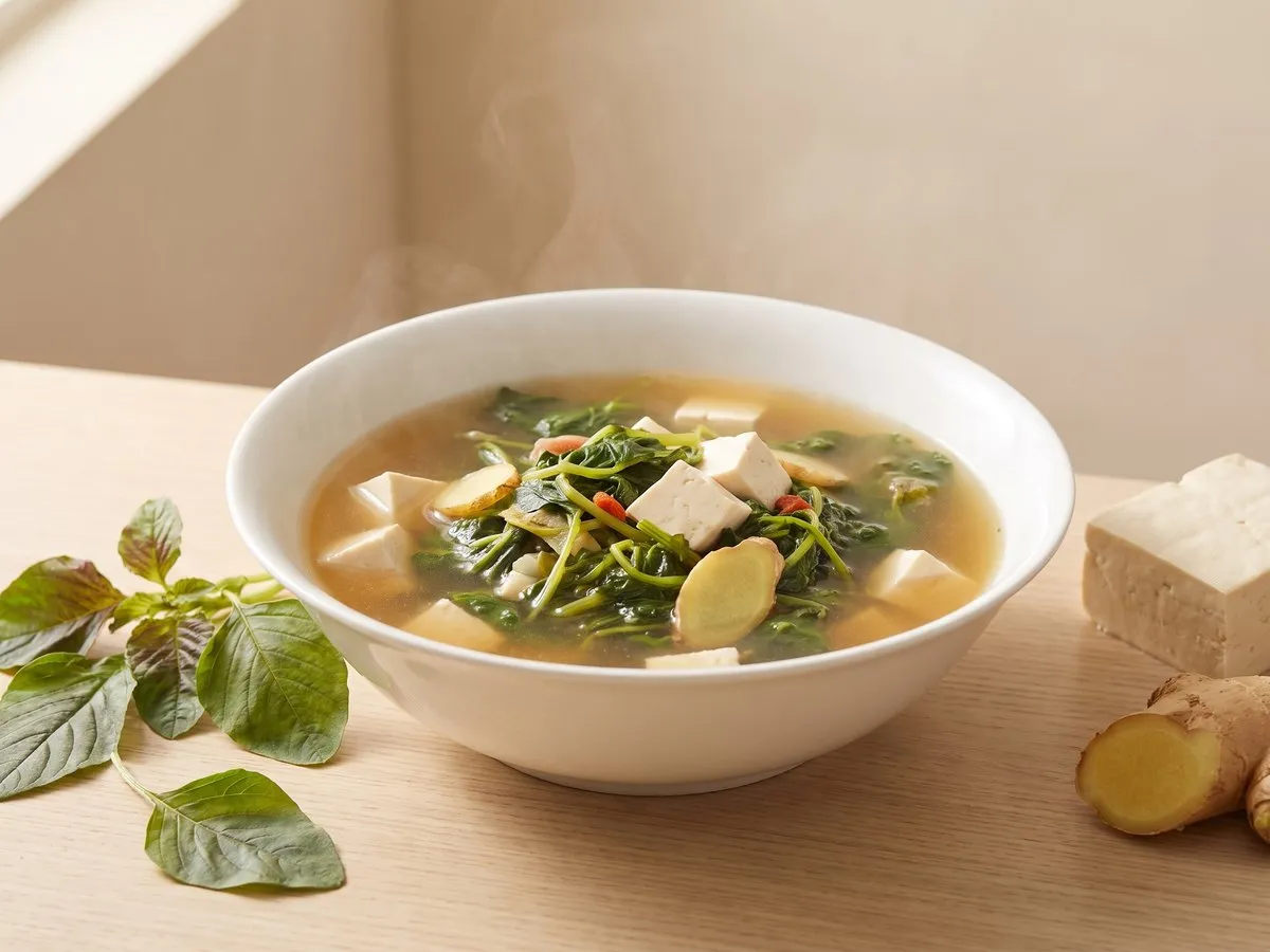 Amaranth (Chinese spinach) and tofu soup