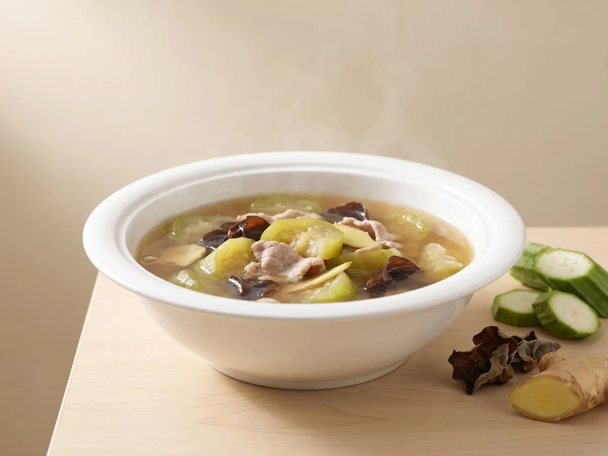 Angled loofah, cloud ear fungus and pork slice soup