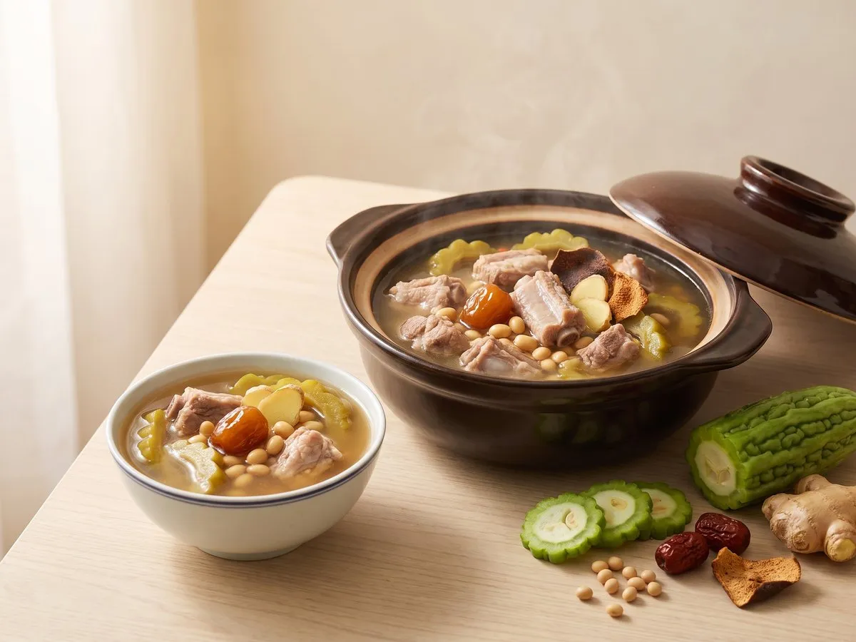 Bitter melon and soybean soup with pork ribs