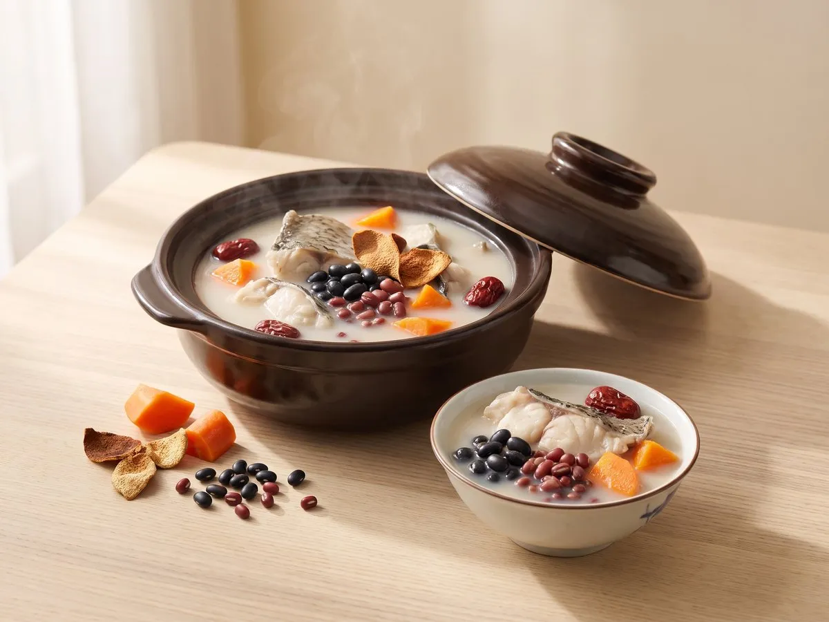 Black bean, adzuki bean and carrot soup with fish tail