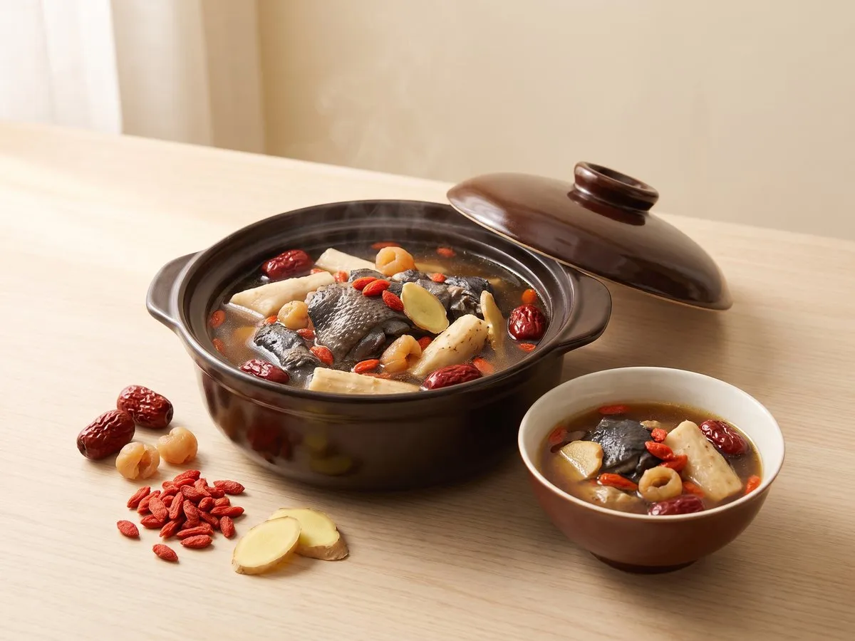 Black-boned chicken soup with Chinese yam, goji and red dates