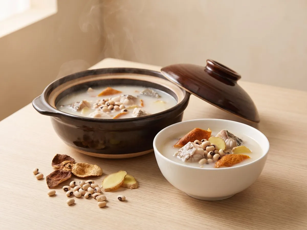 Black-eyed pea and tangerine peel soup with common carp