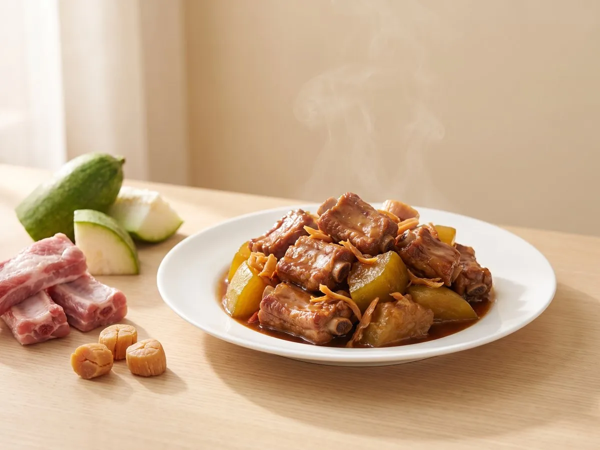 Braised pork ribs with hairy gourd and dried scallop
