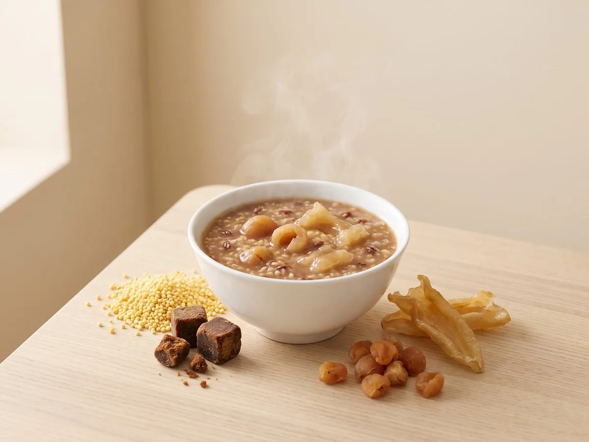 Brown-sugar millet congee; longan congee (桂圓粥); fish maw and red rice congee (花膠紅米粥)