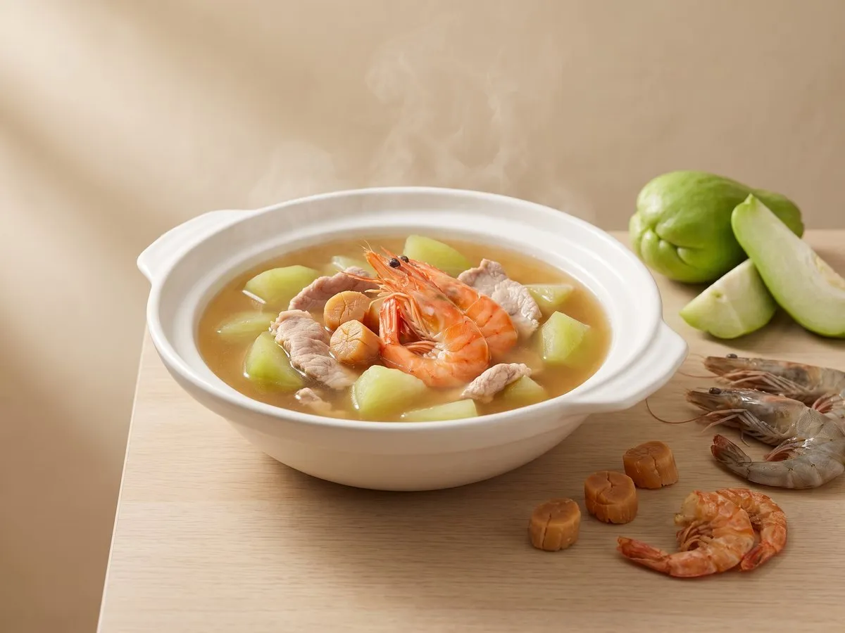 Chayote and pork slice soup (milky prawn version)