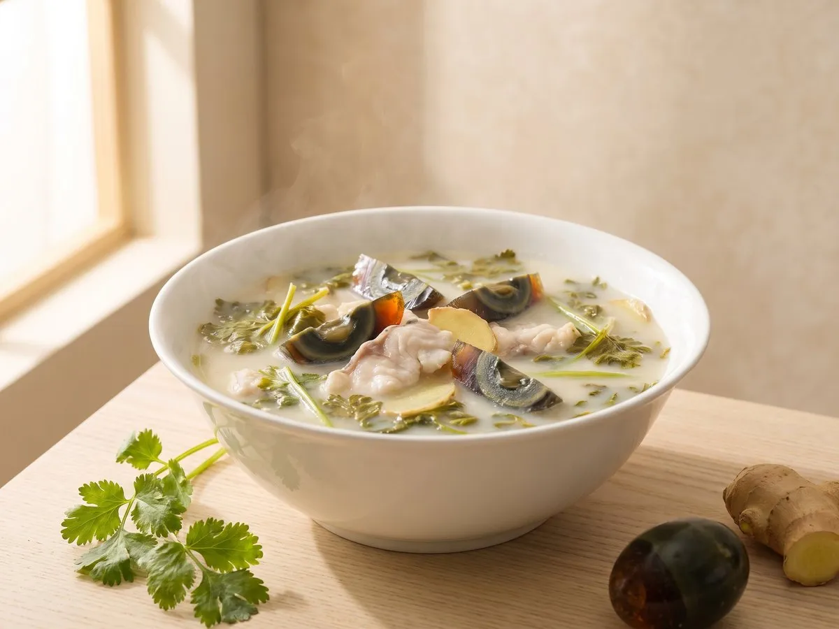 Coriander, century egg and fish slice soup
