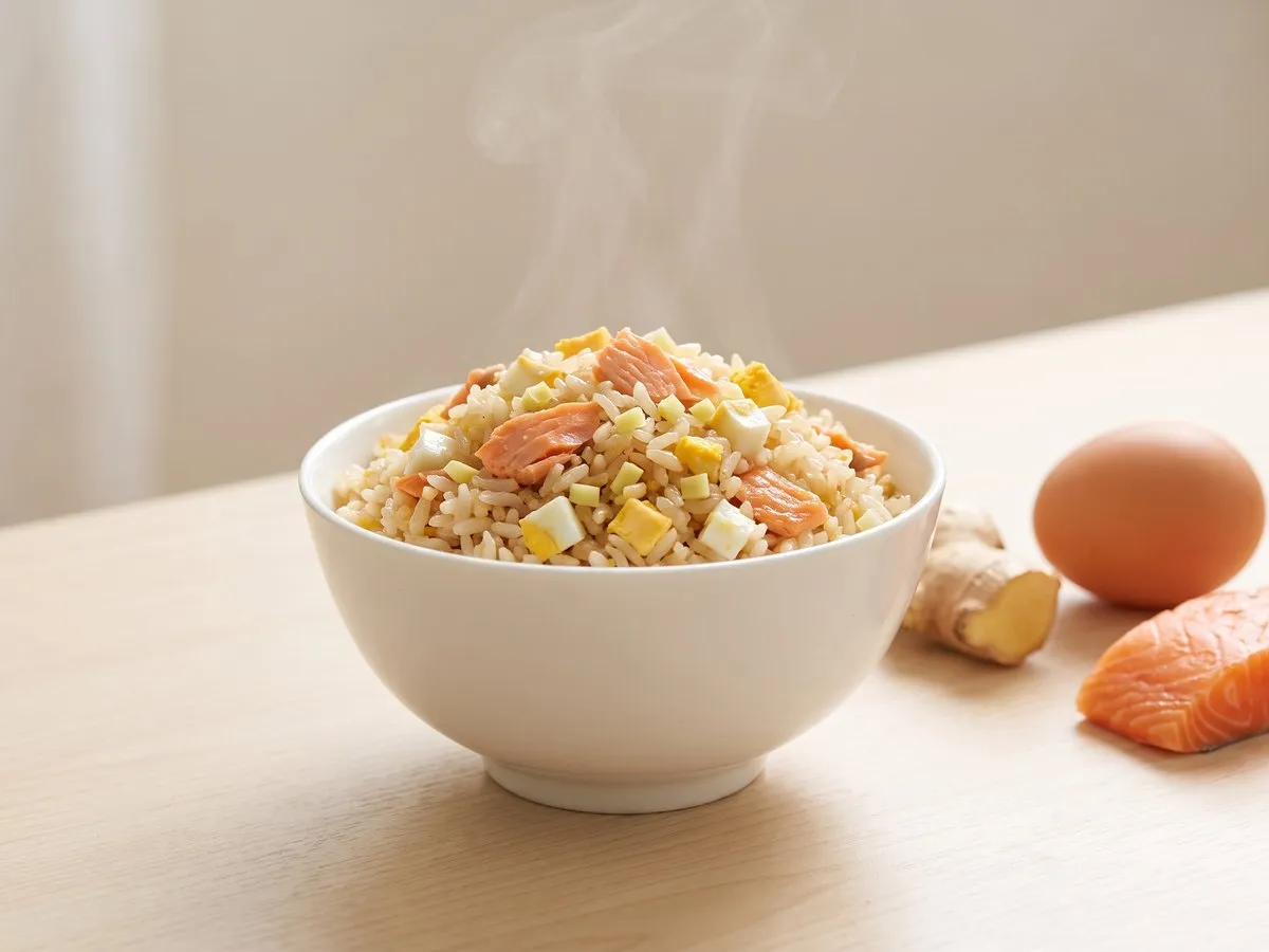 Diced ginger, salmon and egg fried rice