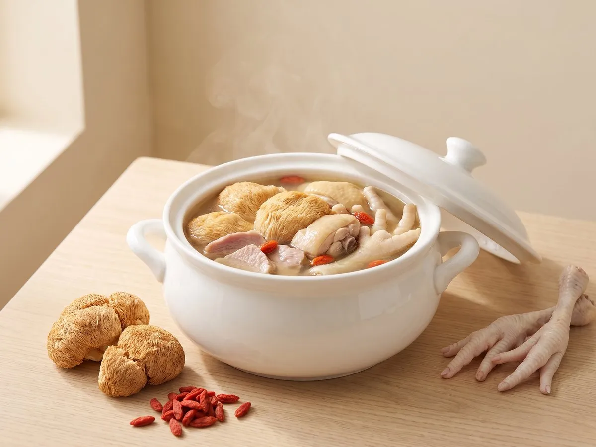 Double-boiled chicken with lion's mane mushroom