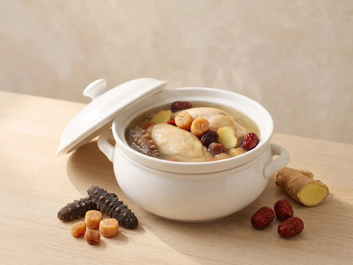 Double-boiled chicken with sea cucumber