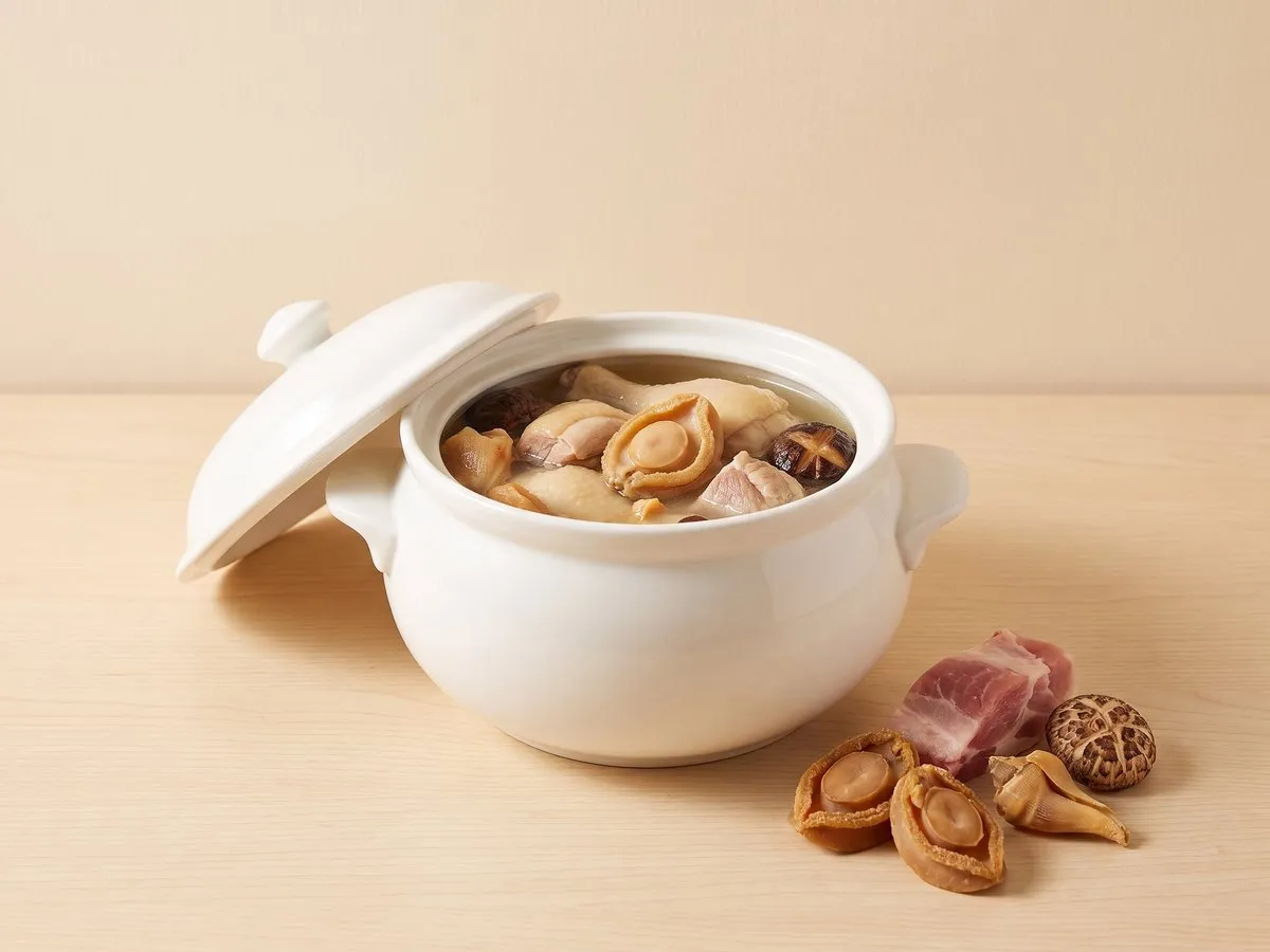 Double-boiled fresh chicken with abalone and conch