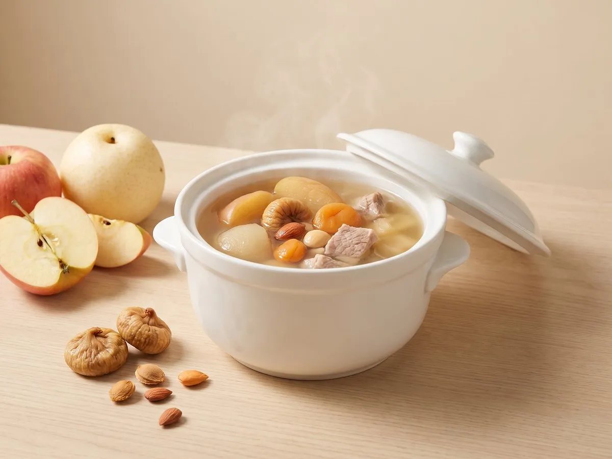 Double-boiled lean pork with apple and Chinese pear