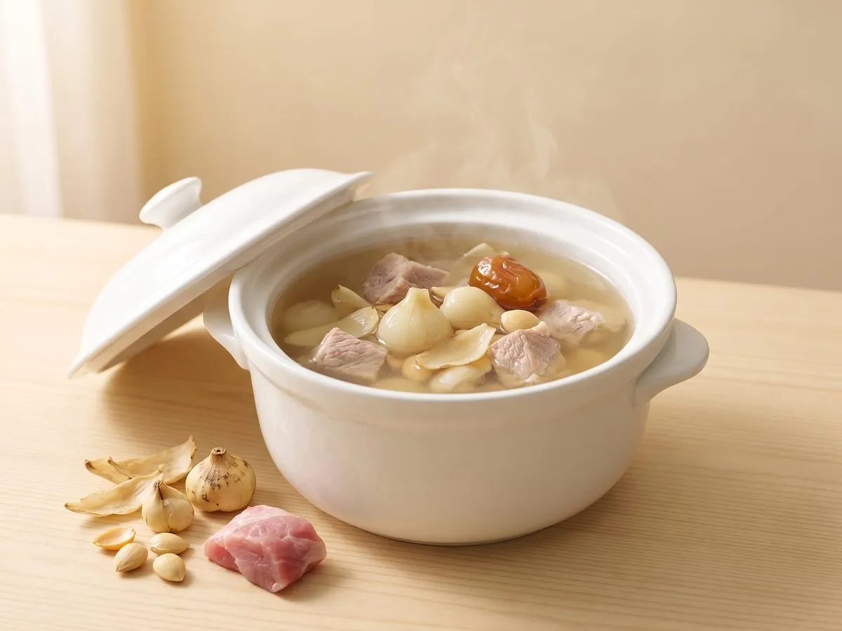 Double-boiled lean pork with fritillary bulb, lily bulb and apricot kernels