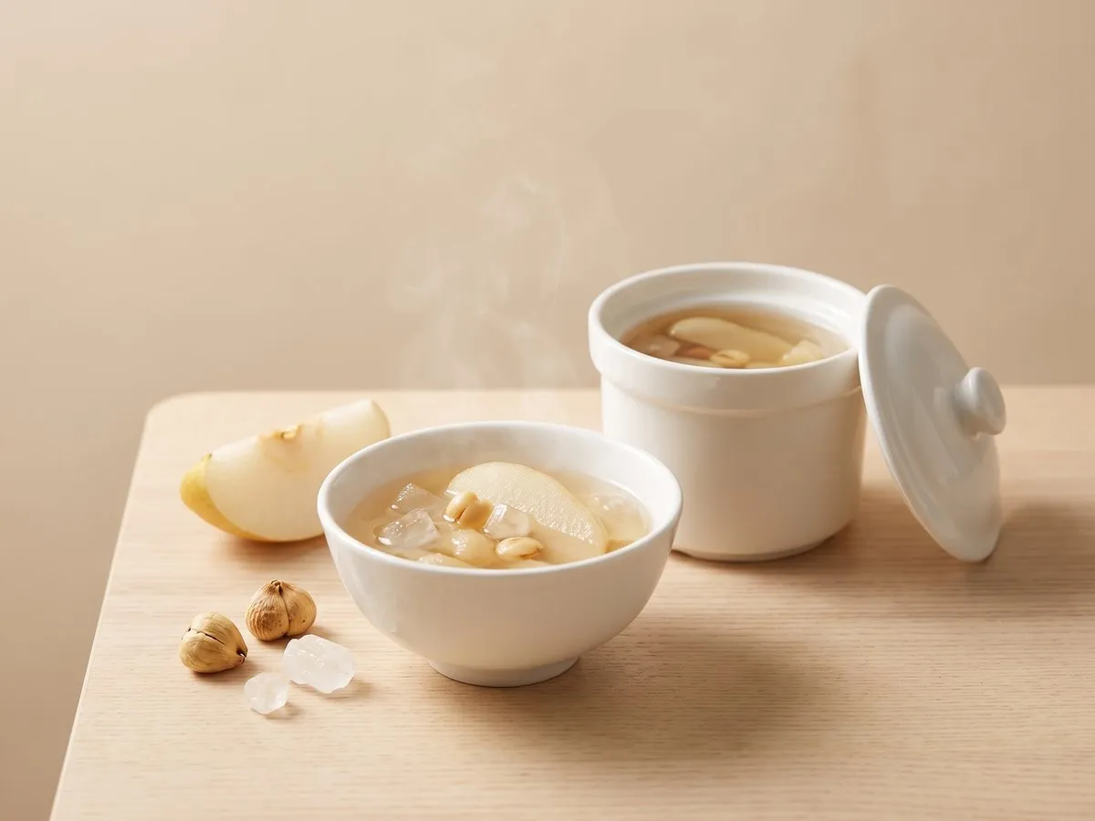 Double-boiled pear with rock sugar (with fritillary for cough)