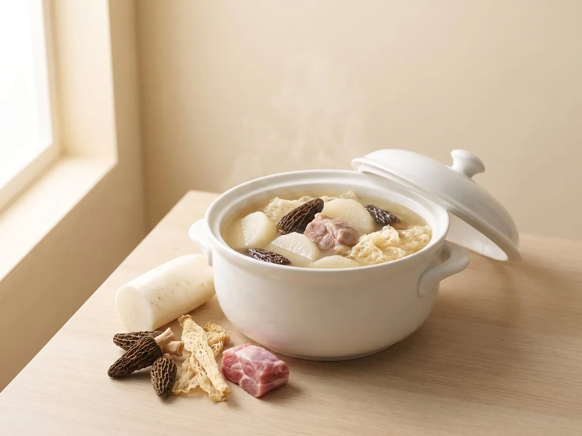 Double-boiled pork shin with daikon, bamboo fungus and morels