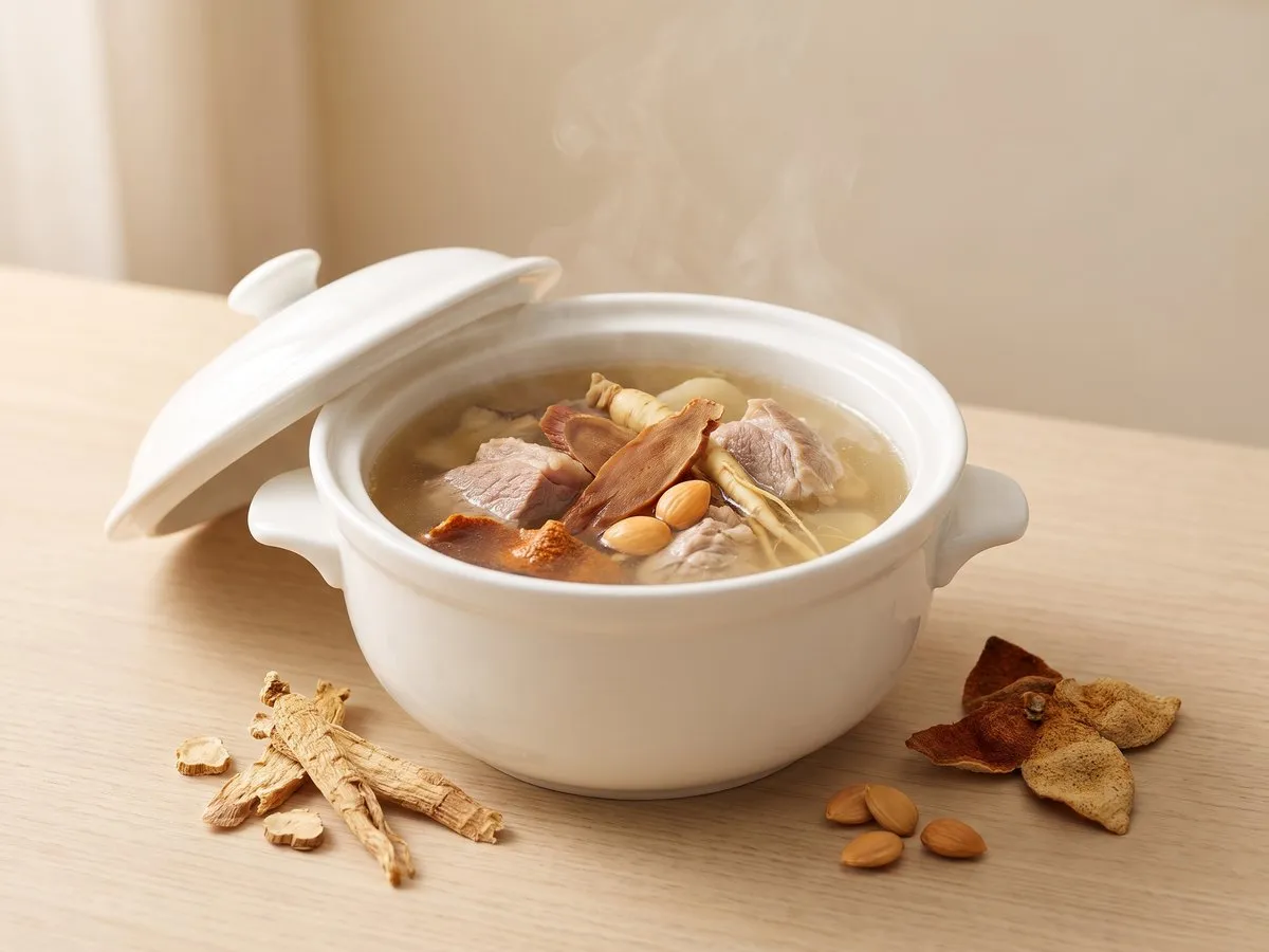 Double-boiled pork shin with two ginsengs and sweet apricot kernels