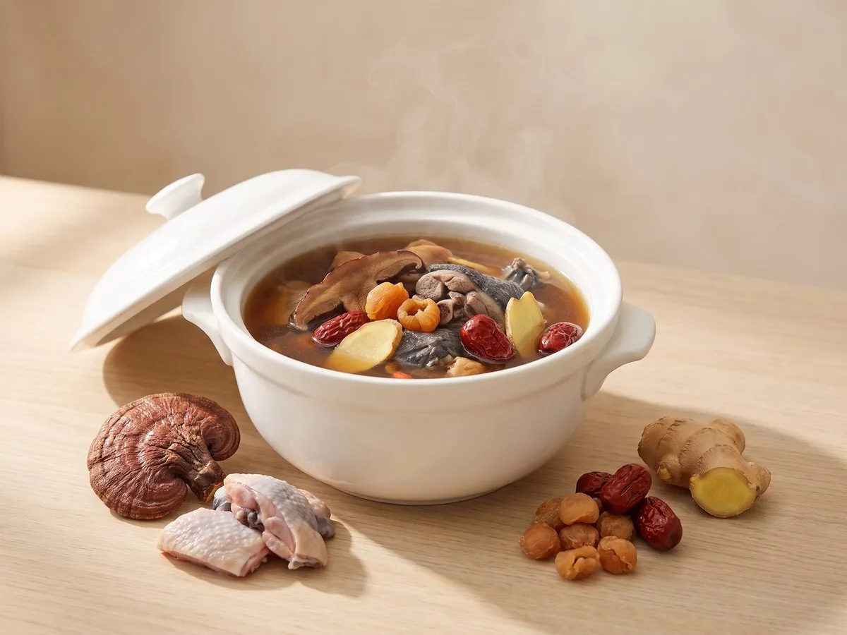 Double-boiled silkie chicken with lingzhi (reishi)