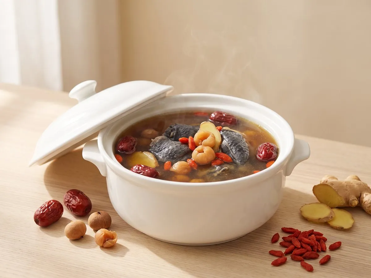 Double-boiled silkie chicken with red dates and dried longan