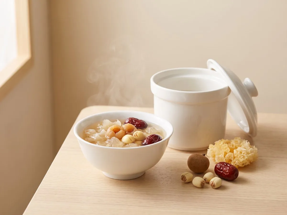 Double-boiled snow fungus with longan and lotus seeds