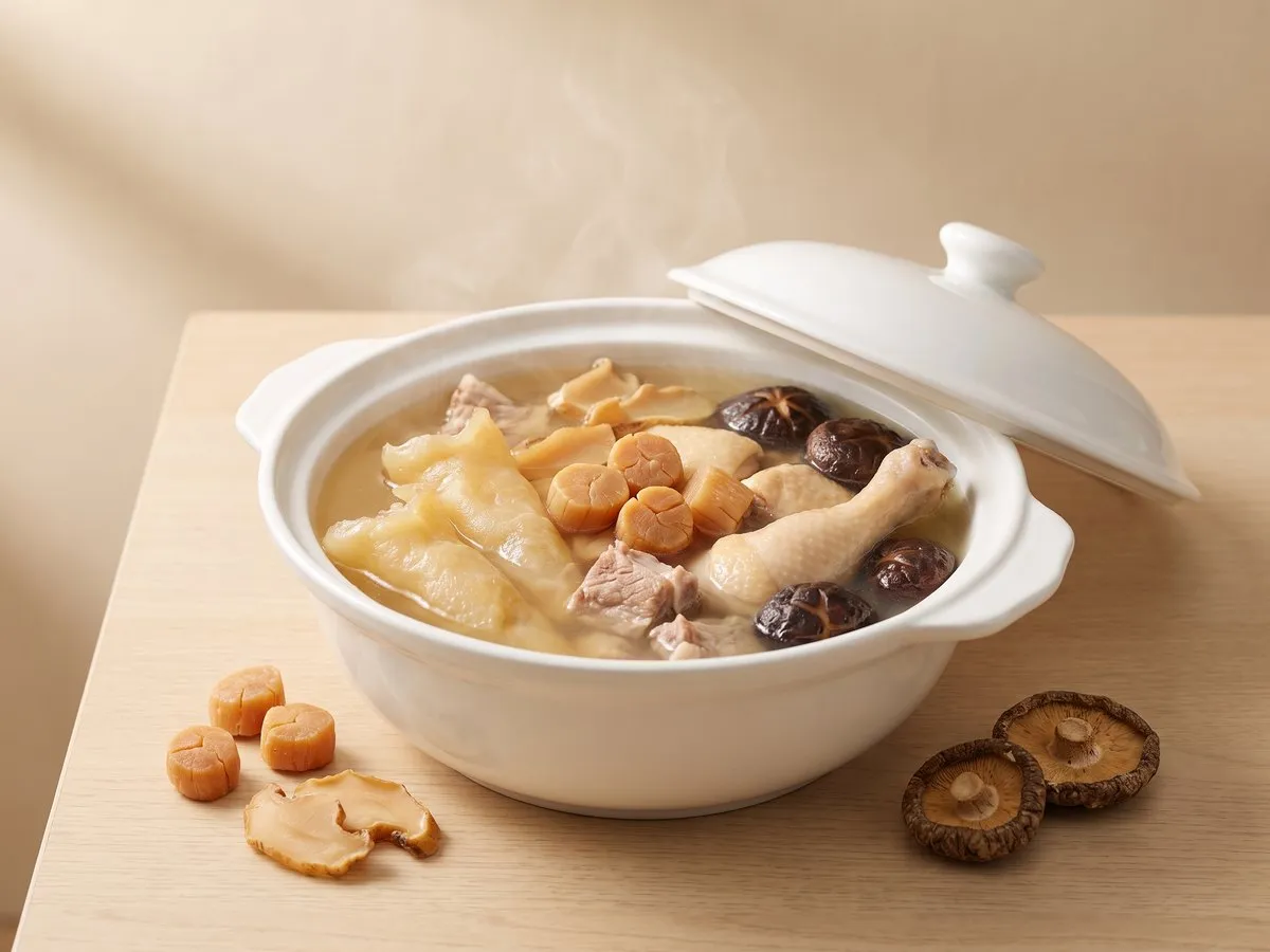 Double-boiled soup of fish maw, dried scallop and shiitake