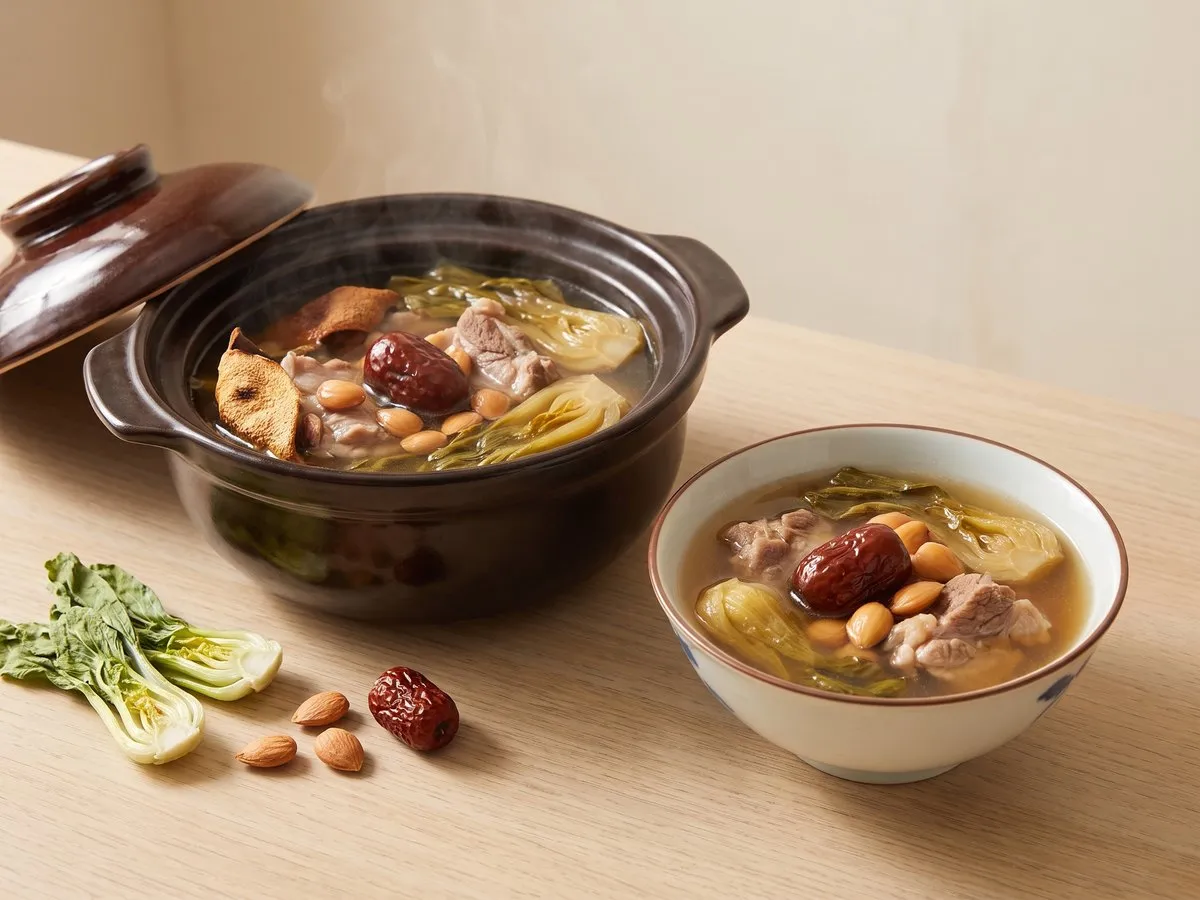 Dried bok choy soup with apricot kernels and pork bones