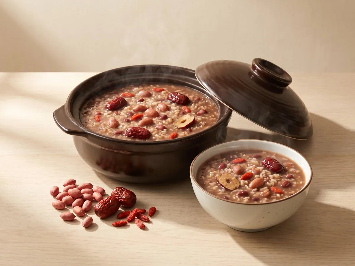 Five reds soup, red-skin peanut, red date, adzuki bean, goji and brown sugar (also 五紅粥)