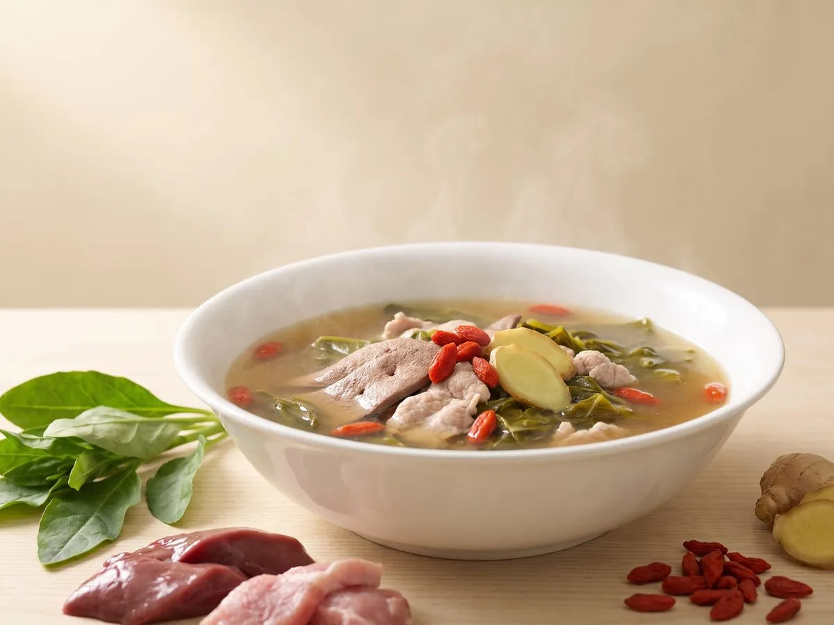 Goji leaf, pork liver and lean pork soup