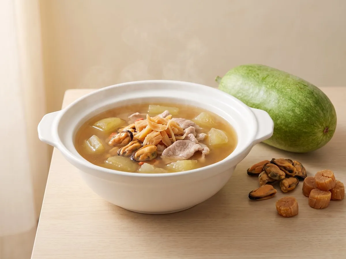 Hairy gourd, baby mussel and dried scallop soup with pork