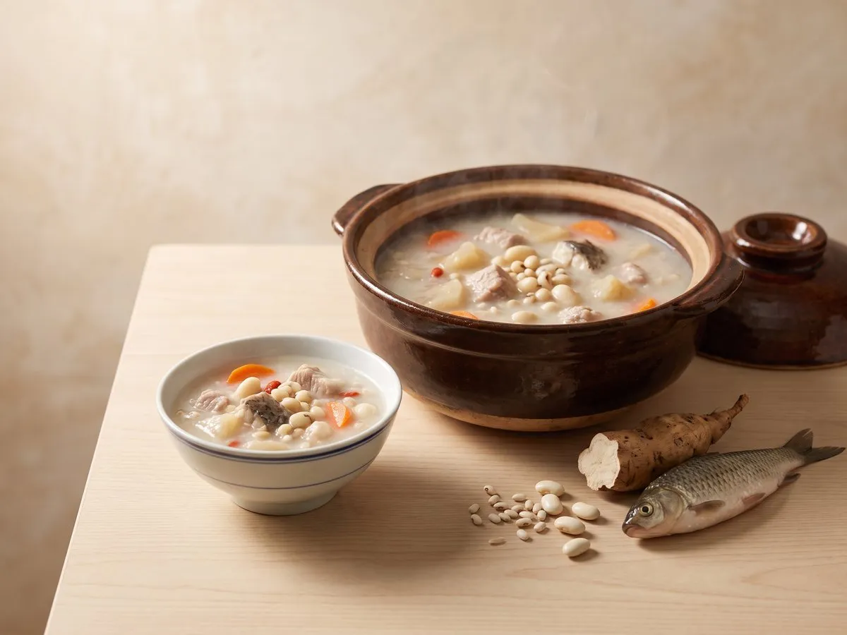 Kudzu root, rice bean and hyacinth bean soup with dace