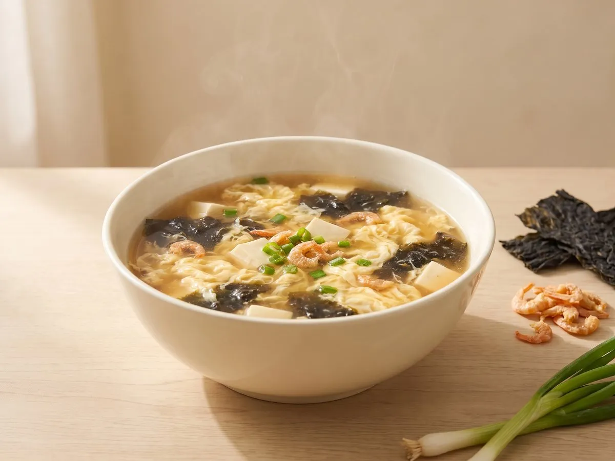 Laver (nori) egg-drop soup, often with tofu