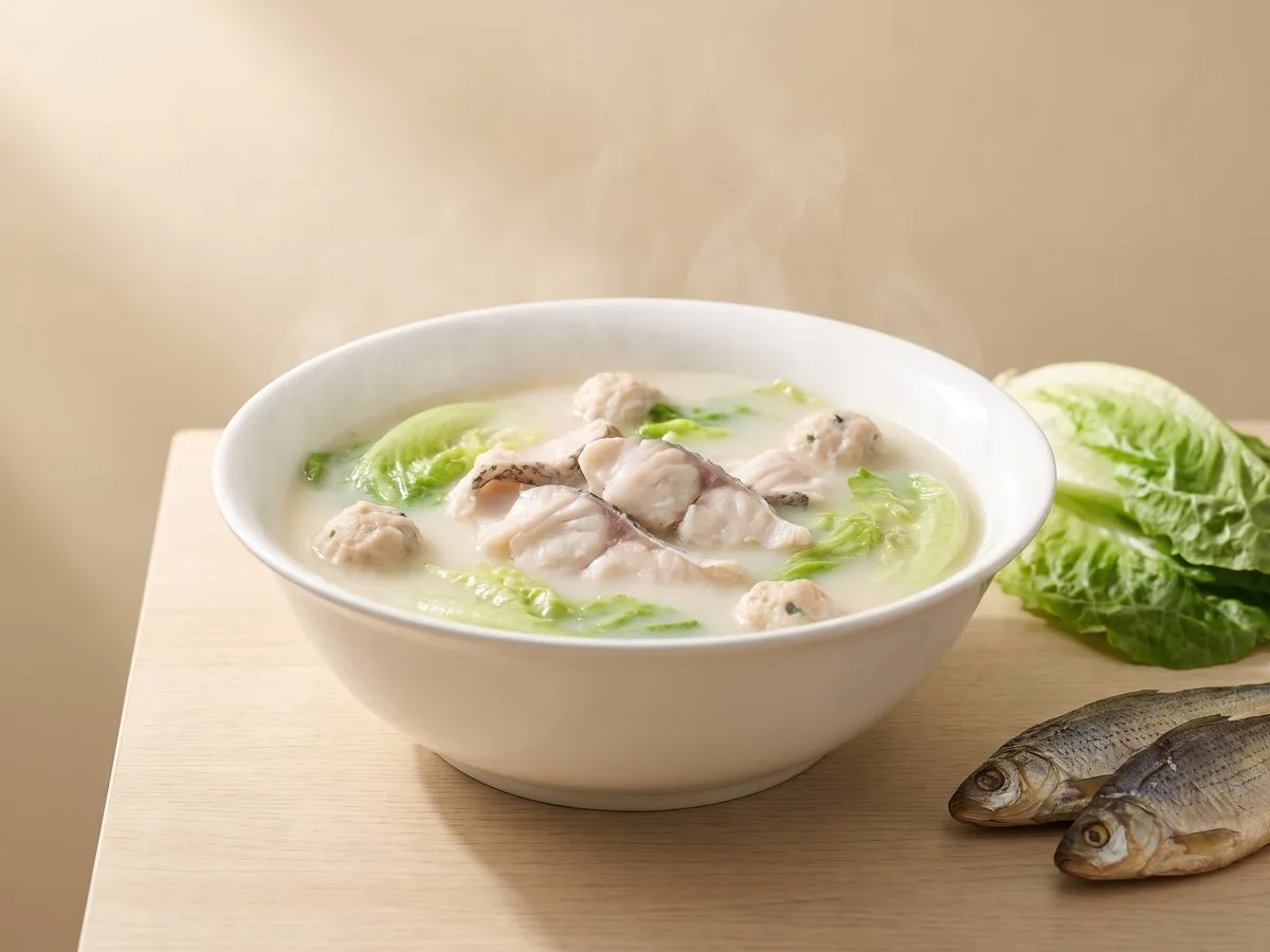 Lettuce and dace fish-ball soup (sang choi yu yuk)