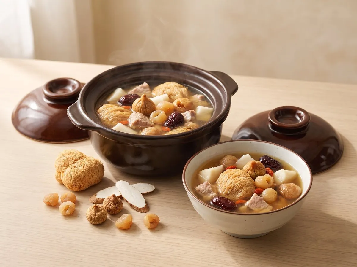 Lion's mane mushroom soup with Chinese yam and figs