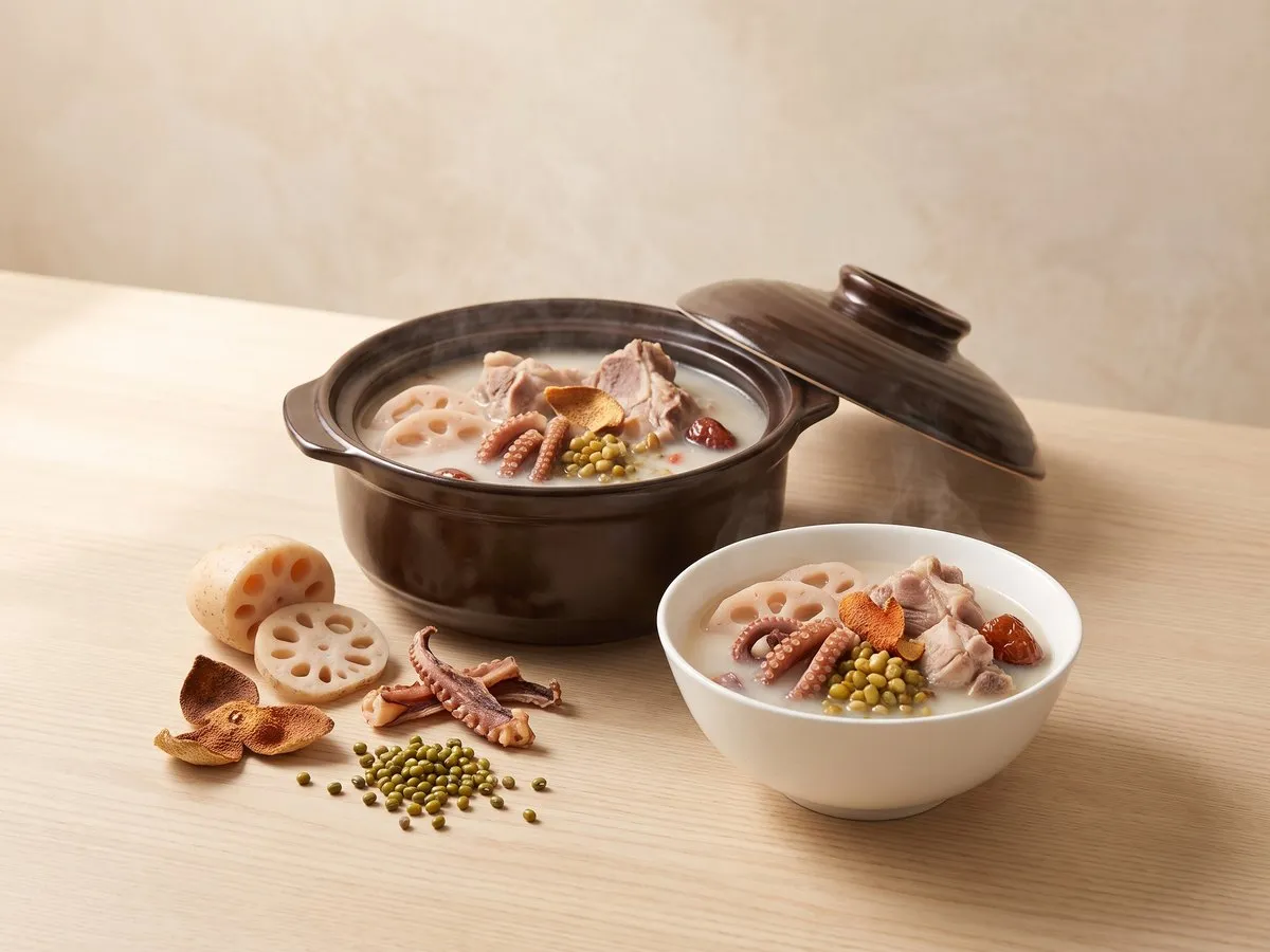 Lotus root, dried octopus and mung bean soup with pork bones