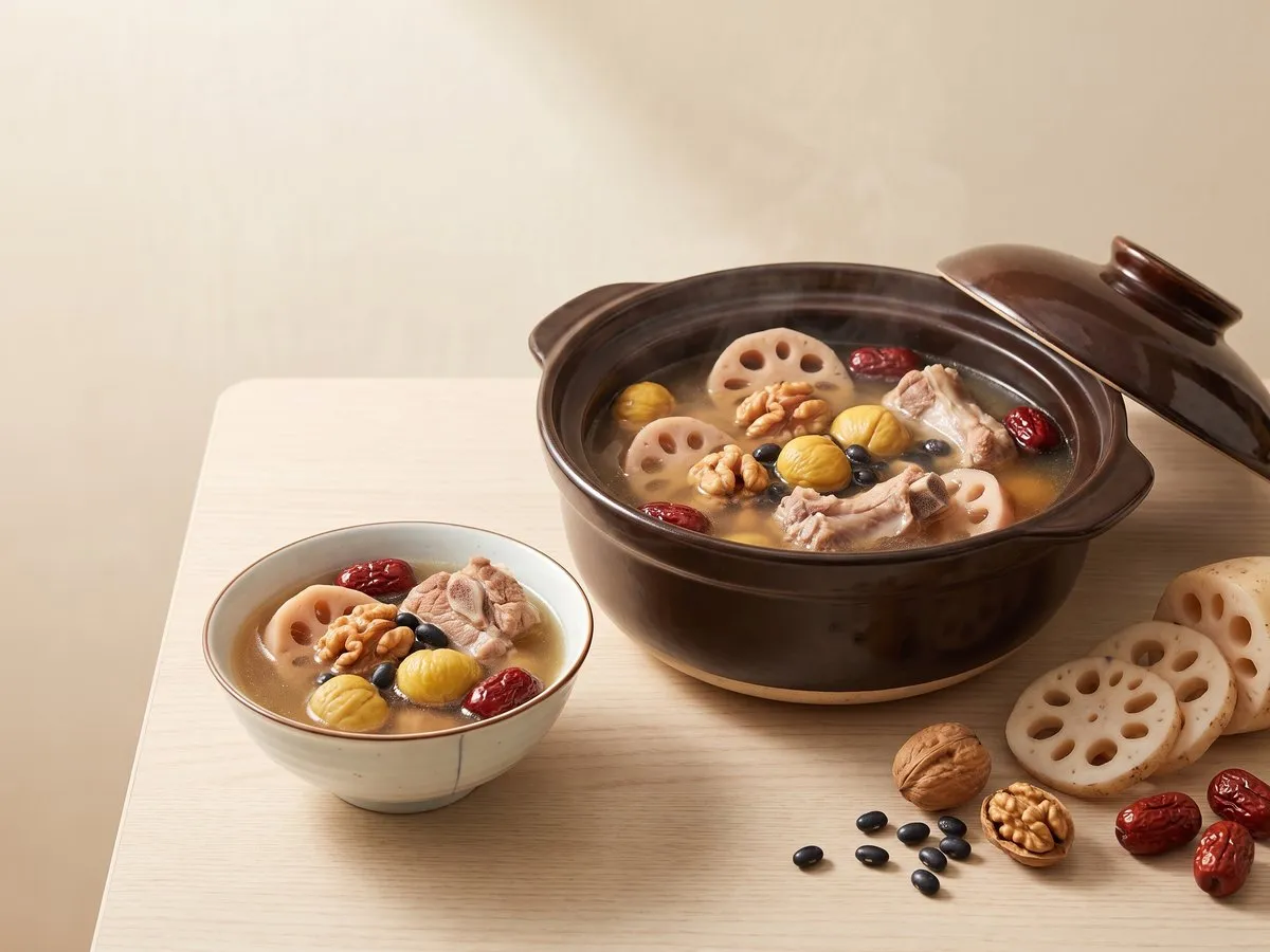 Lotus root, walnut, chestnut and black bean soup