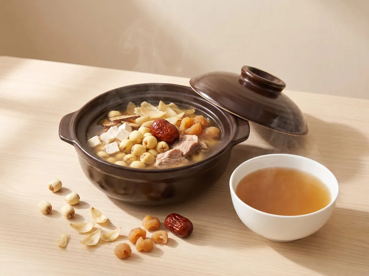 Lotus seed, lily bulb and poria soup with lean pork