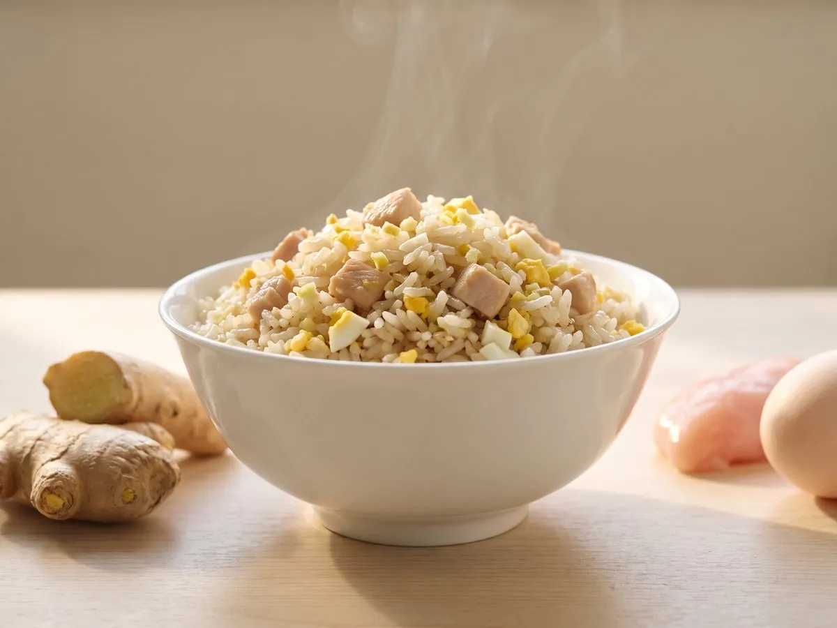 Minced ginger and diced chicken fried rice