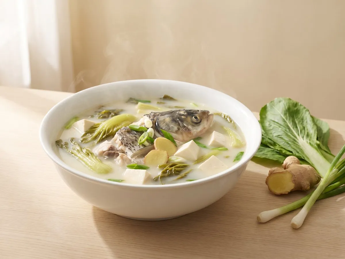 Mustard green, fish head and tofu soup