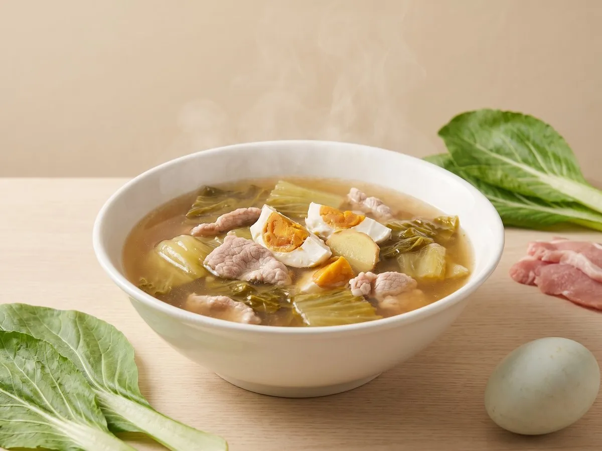 Mustard green, salted egg and pork slice soup