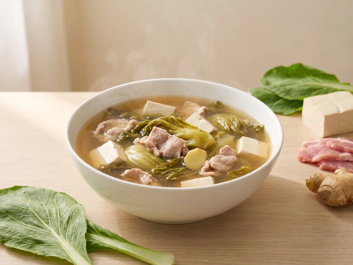 Mustard green, tofu and lean pork soup