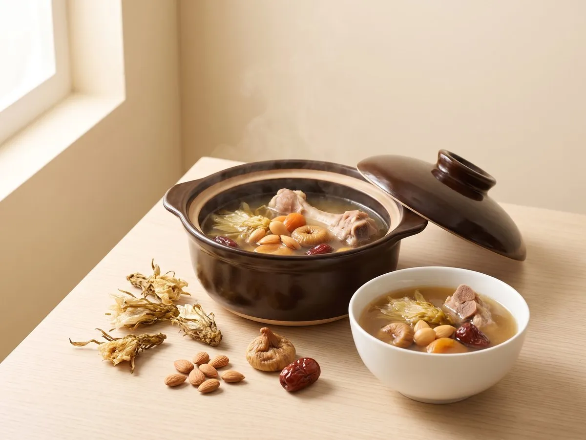 Night-blooming cereus (dragon fruit flower) soup with apricot kernels and pork bones
