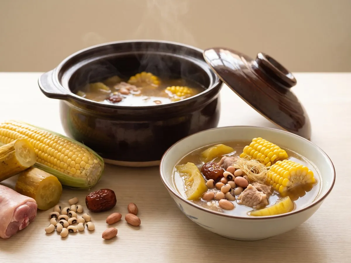 Old cucumber, corn and black-eyed pea soup with pork shin