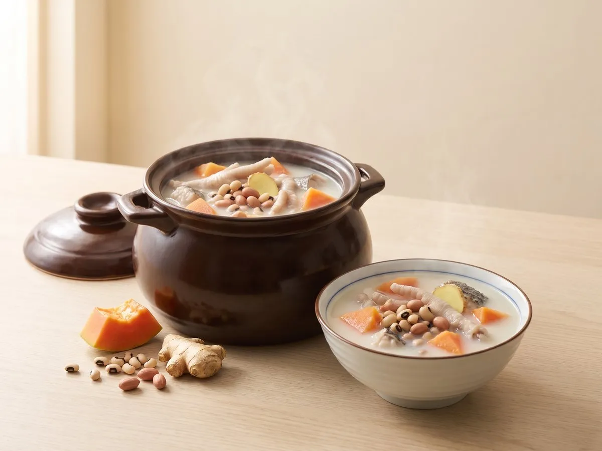 Papaya, peanut and black-eyed pea soup with chicken feet, fish tail or pork