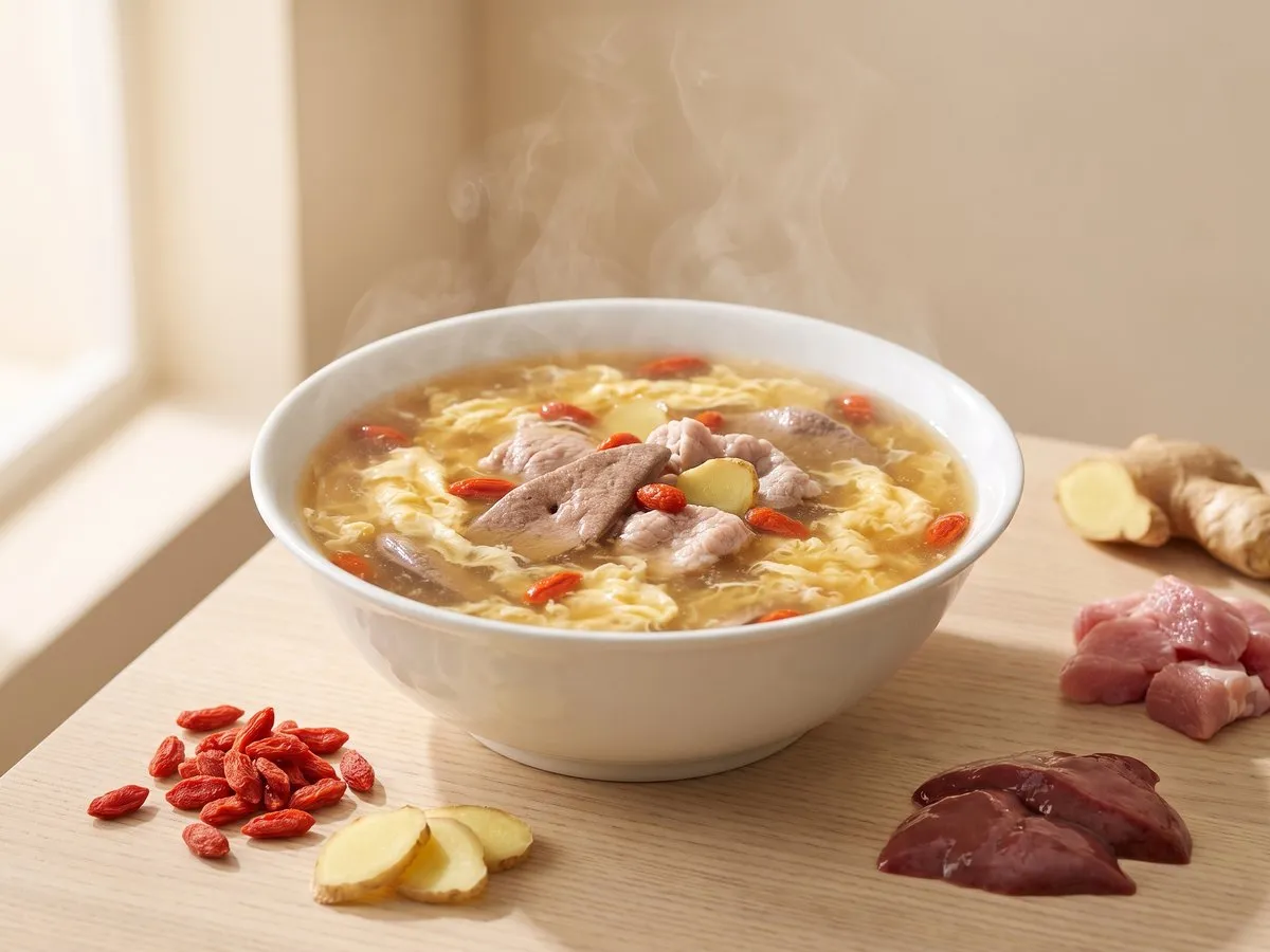 Pork liver, lean pork and goji-berry egg-drop soup