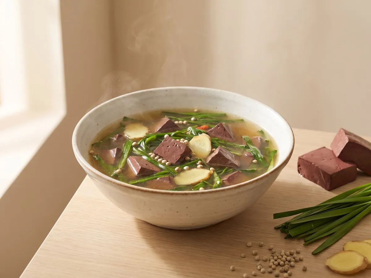 Pig's blood curd and Chinese chive soup