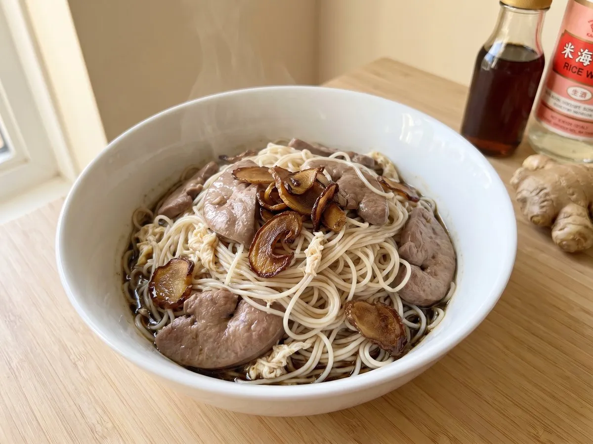 Pork kidney and sesame oil noodles with rice wine